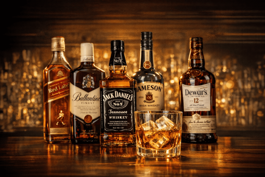 Seleção dos melhores whiskies custo-benefício, com garrafas clássicas em destaque sobre fundo escuro e iluminação sofisticada.