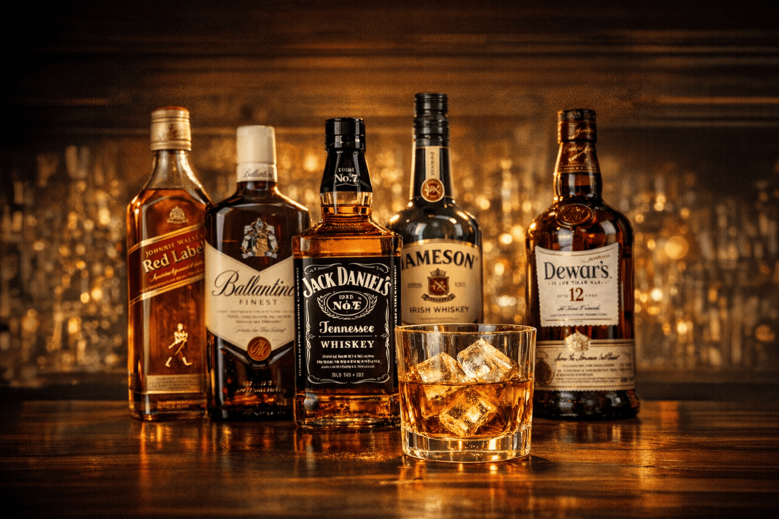 Seleção dos melhores whiskies custo-benefício, com garrafas clássicas em destaque sobre fundo escuro e iluminação sofisticada.