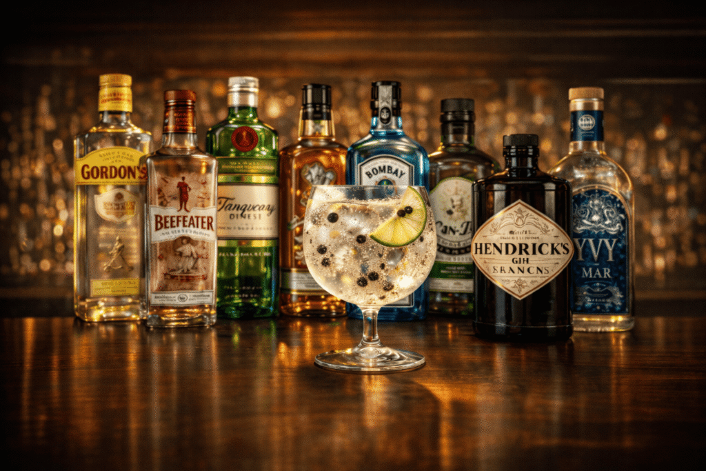 Seleção dos melhores gins para gin tônica, com garrafas alinhadas em fundo escuro e iluminação sofisticada, representando opções clássicas e premium.