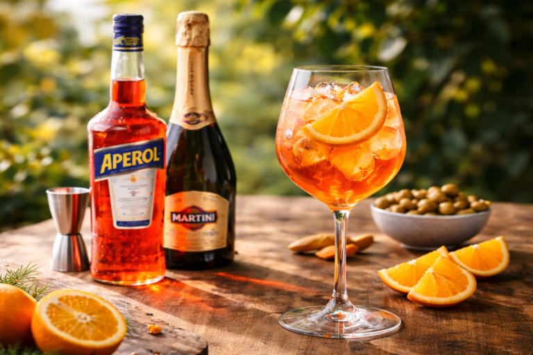 Aperol Spritz servido em taça com gelo e fatia de laranja, acompanhado de Aperol, prosecco e aperitivos sobre mesa de madeira.