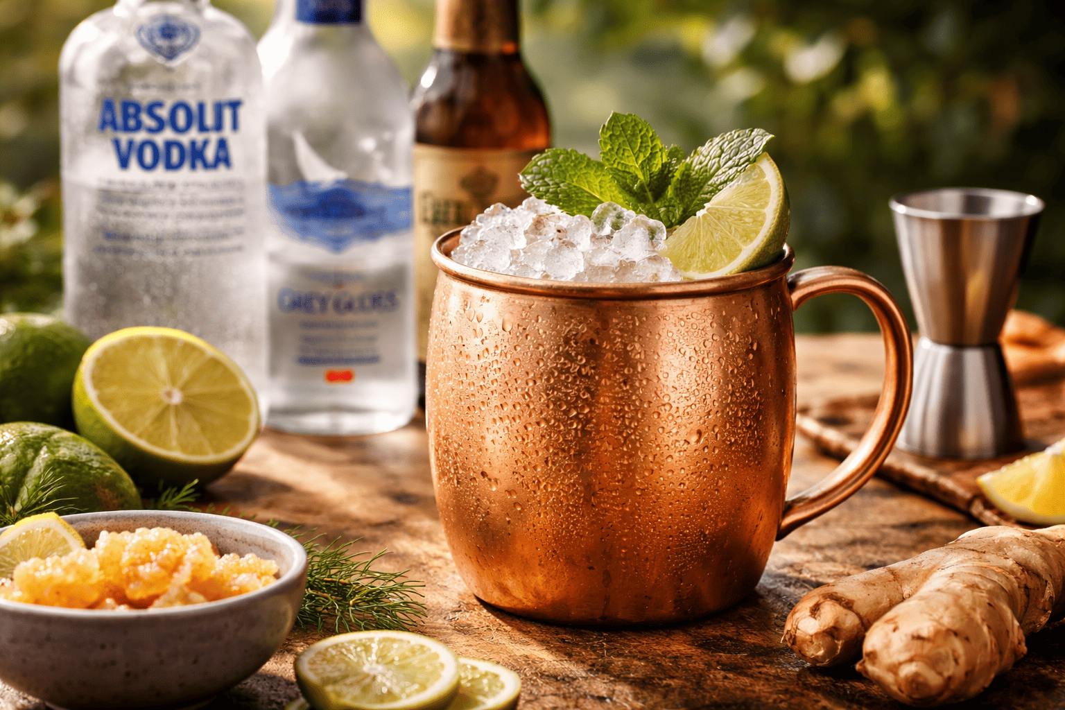Moscow Mule servido em caneca de cobre com gelo, limão e hortelã, acompanhado de vodka, gengibre fresco e ingredientes do drink.