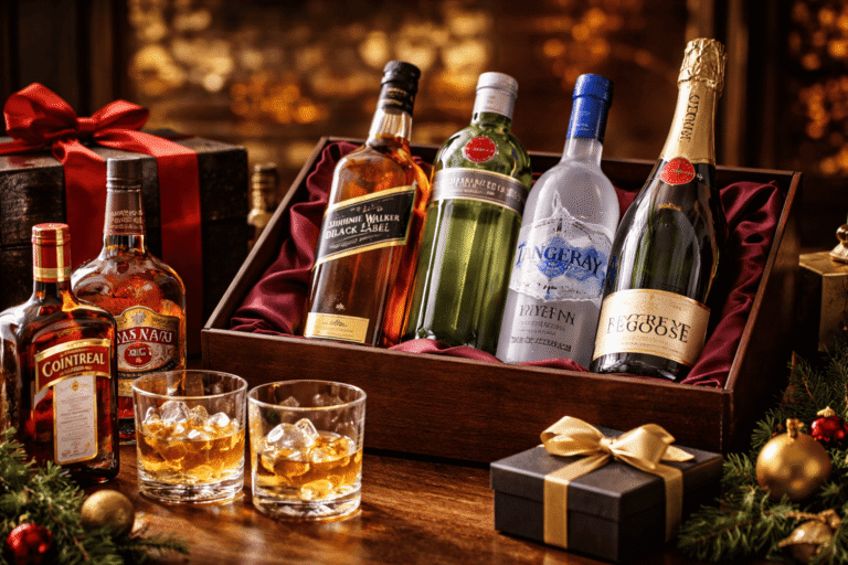 Seleção de bebidas elegantes para presente com whisky, gin, vodka, licor e espumante dispostos em caixa sofisticada sobre mesa de madeira.