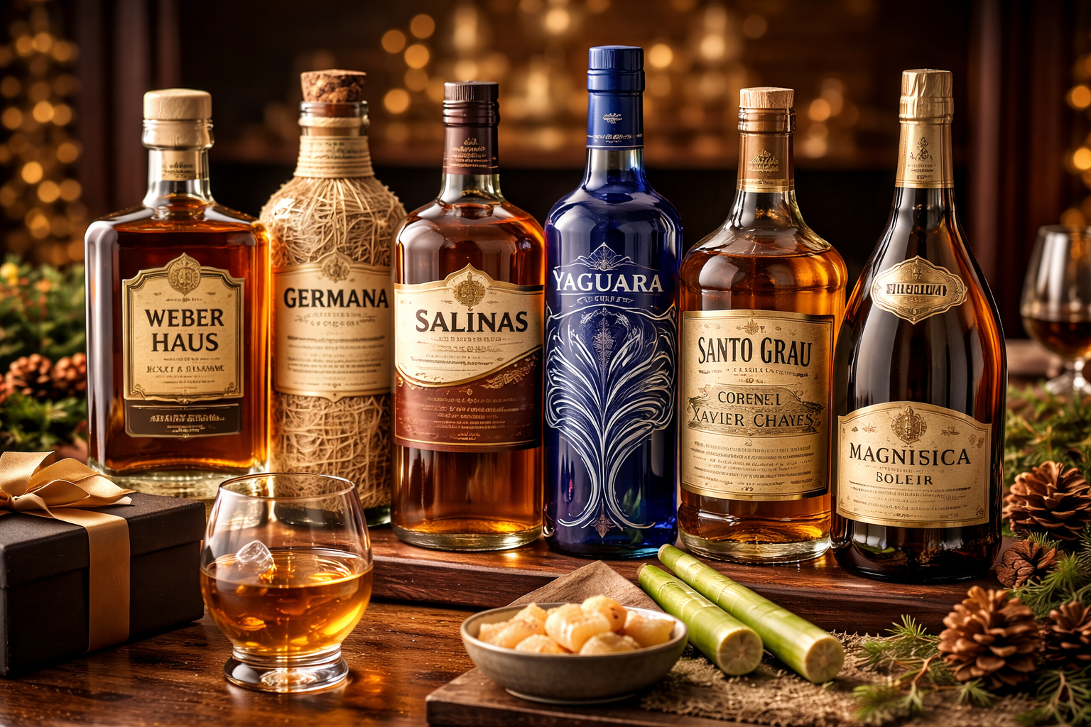 Seleção de cachaças premium brasileiras para presentear, com garrafas sofisticadas dispostas sobre mesa de madeira e copo de degustação.
