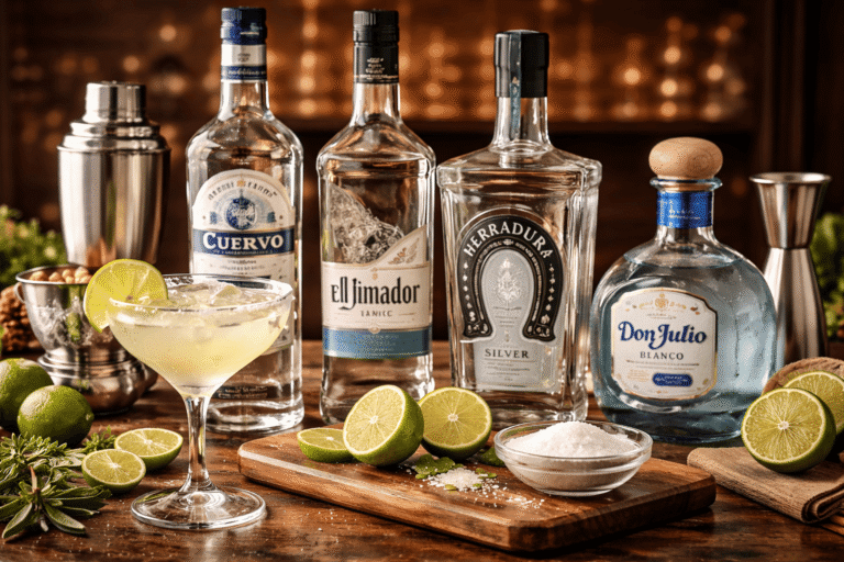 Ingredientes da margarita clássica com taça salinizada, limões frescos, sal e garrafas de tequila blanco dispostas sobre balcão de bar.