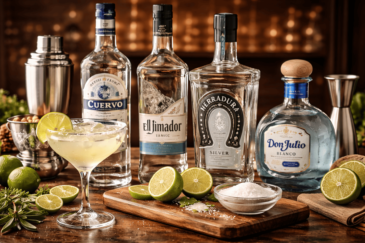 Ingredientes da margarita clássica com taça salinizada, limões frescos, sal e garrafas de tequila blanco dispostas sobre balcão de bar.