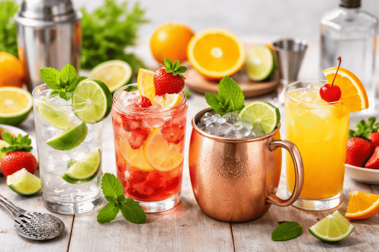 Drinks fáceis com vodka para iniciantes, com copos de vodka com limão, morango, Moscow Mule e suco de laranja, decorados com frutas frescas.