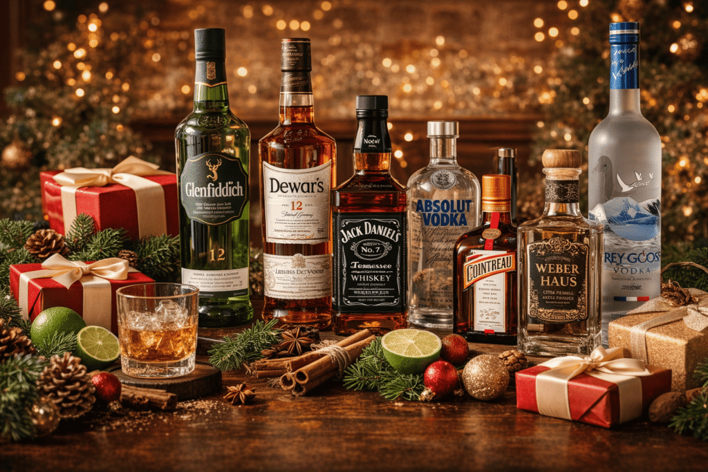 Seleção de destilados premium para presentear no Natal, com garrafas de whisky, gin, vodka, licor e cachaça dispostas em mesa decorada com elementos natalinos.