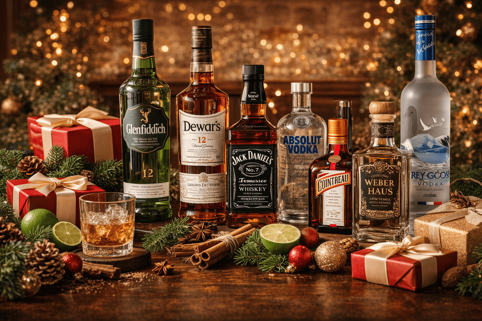 Seleção de destilados premium para presentear no Natal, com garrafas de whisky, gin, vodka, licor e cachaça dispostas em mesa decorada com elementos natalinos.
