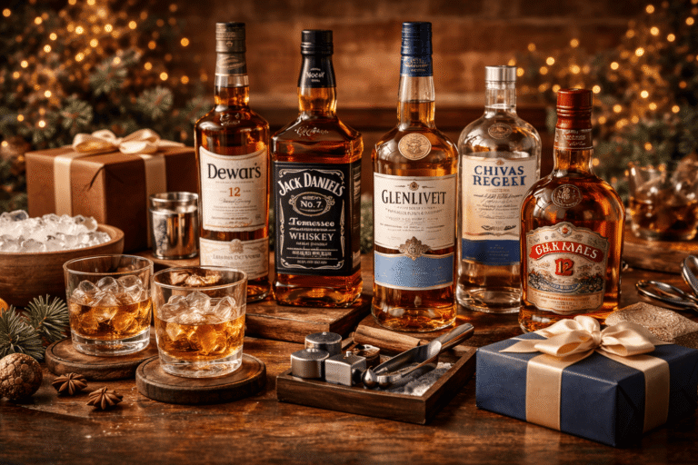 Seleção de whiskies premium organizados como sugestão de presente, com garrafas clássicas, copos de whisky e acessórios sobre mesa de madeira.